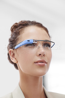 Buy stock photo Virtual reality, connection and businesswoman with smart glasses for internet network in office. Future technology, workplace and consultant with designer VR eyewear, vision and online communication.