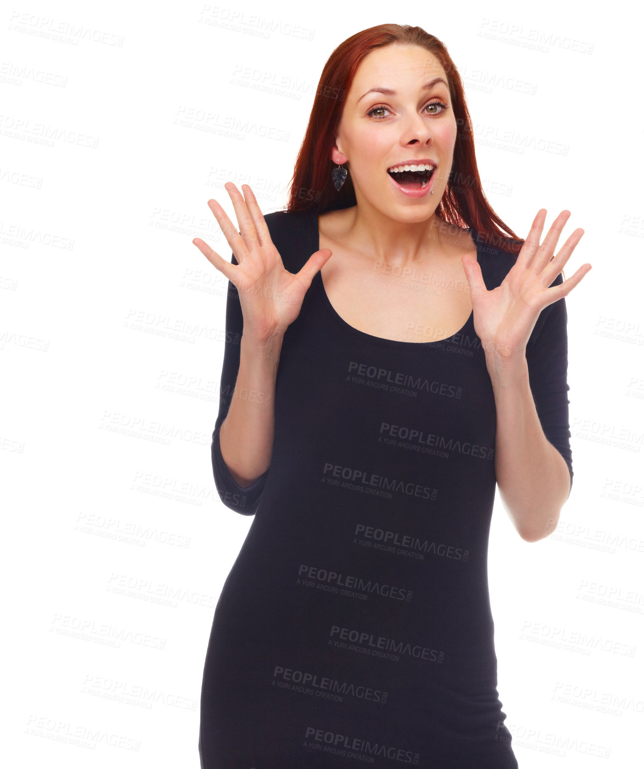 Buy stock photo Wow, portrait and woman with surprise hands in studio for news, deal or unexpected information on white background. Omg, face and female model with shock emoji for gossip, secret or promotion offer