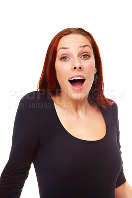 Buy stock photo Portrait, excited and surprise with woman, announcement and model isolated on a white studio background. Face, girl and person with expression and shocked with reaction and news with wow and emoji