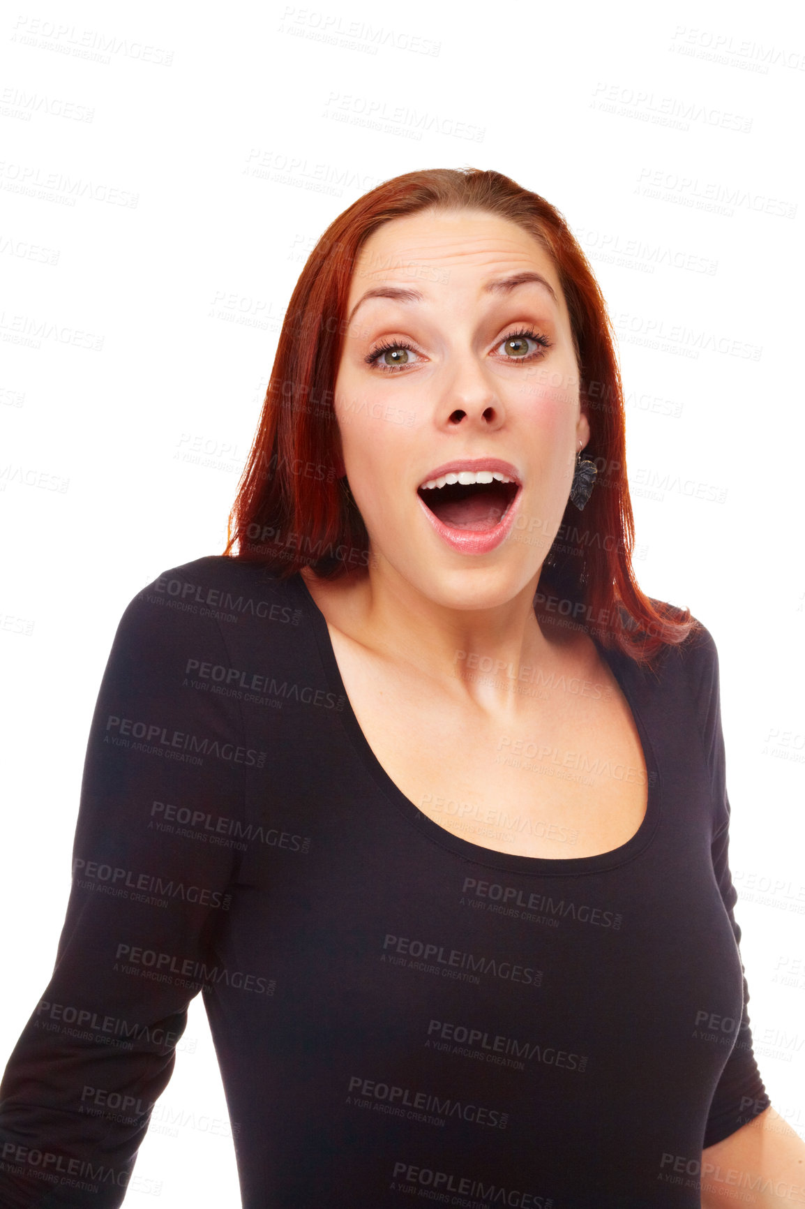 Buy stock photo Portrait, excited and surprise with woman, announcement and model isolated on a white studio background. Face, girl and person with expression and shocked with reaction and news with wow and emoji