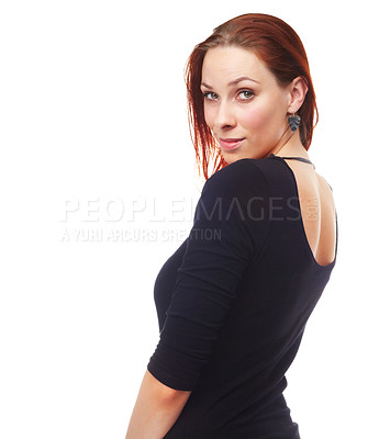 Buy stock photo Fashion, portrait and ginger woman in studio isolated on a white background mockup space. Face, confidence and person in casual clothes, trendy and model in stylish outfit in Sweden on a backdrop