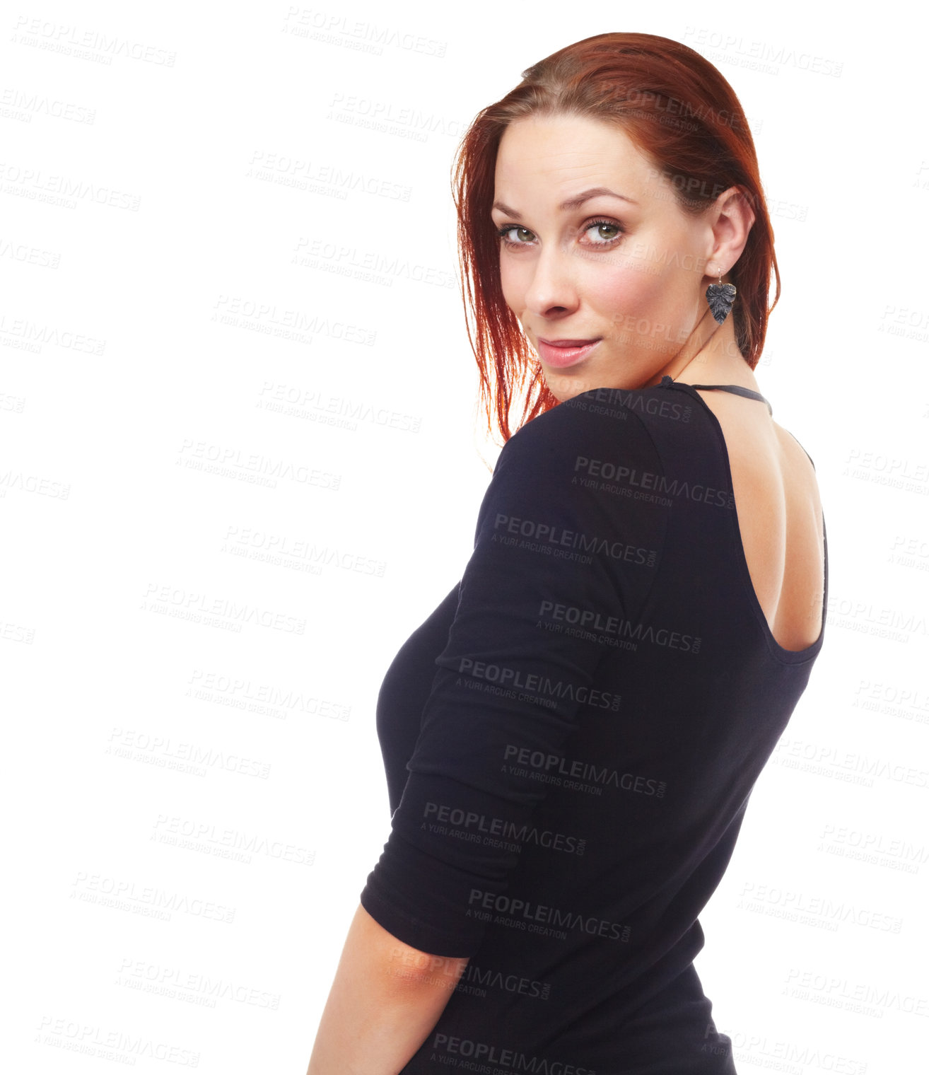 Buy stock photo Fashion, portrait and ginger woman in studio isolated on a white background mockup space. Face, confidence and person in casual clothes, trendy and model in stylish outfit in Sweden on a backdrop