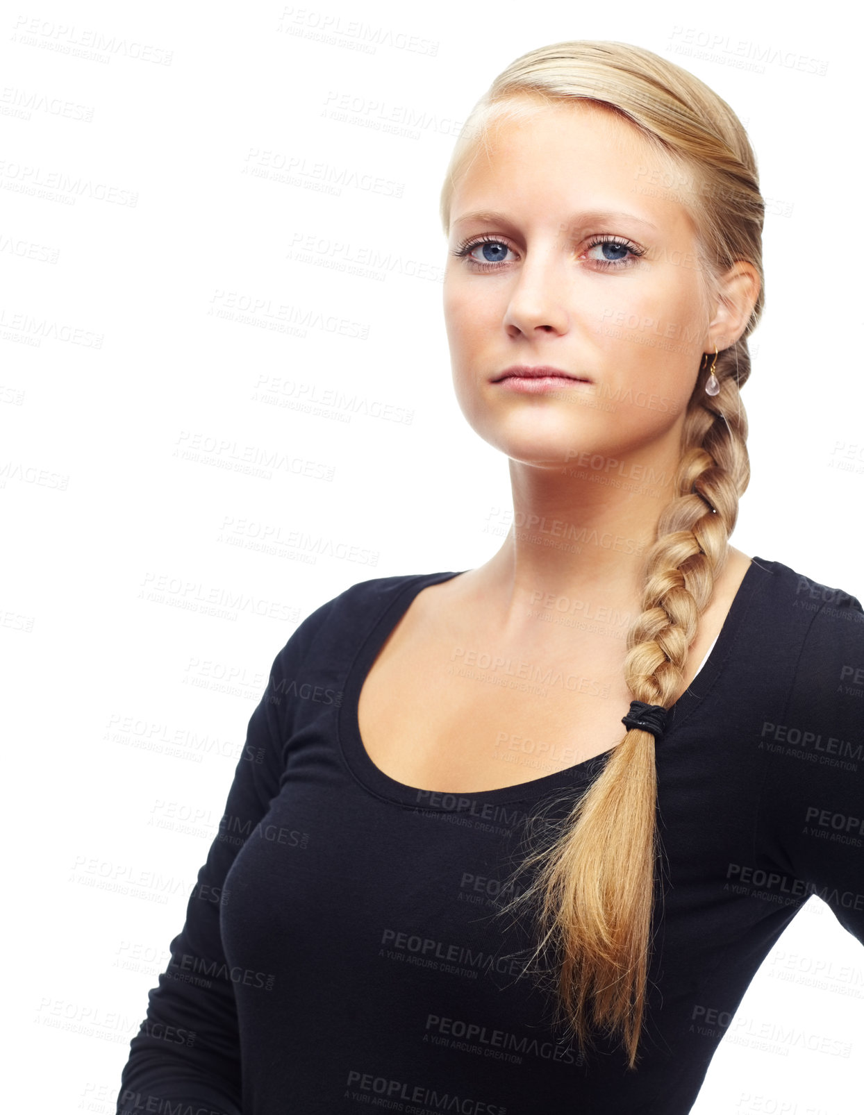 Buy stock photo Beauty, skin and cosmetics for woman in studio on white backdrop. Model, stoic looking and isolated with mockup in shirt and minimal makeup or treatment for healthy or natural  face with clean glow 