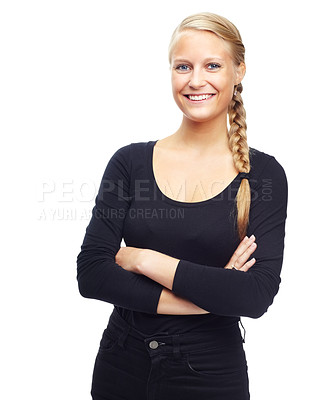 Buy stock photo Portrait, fashion or happy woman with arms crossed in studio for cool or trendy clothes on white background. Style, face or female model with fashionable outfit choice, confidence or positive mindset