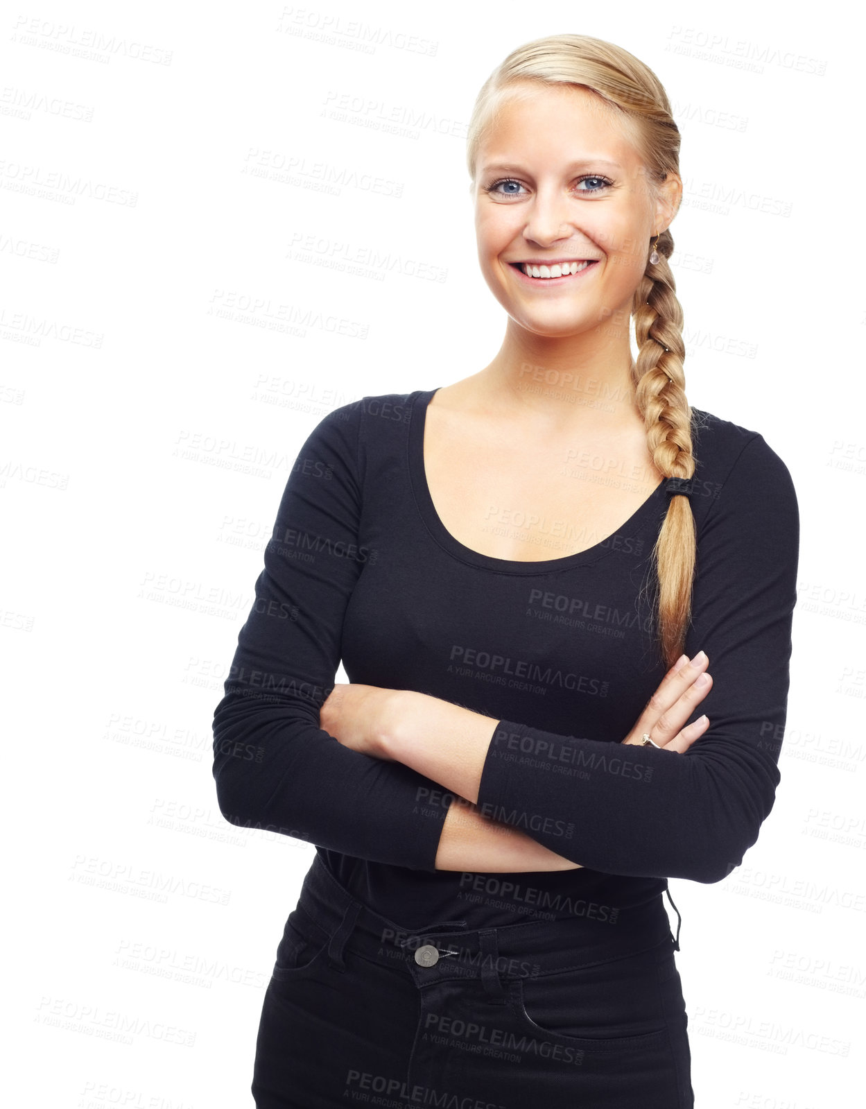 Buy stock photo Portrait, fashion or happy woman with arms crossed in studio for cool or trendy clothes on white background. Style, face or female model with fashionable outfit choice, confidence or positive mindset