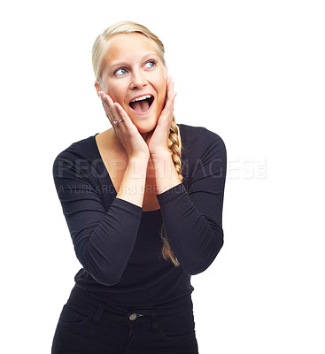 Buy stock photo Happy, excited and surprise with woman, reaction and model isolated on a white studio background. Emoji, girl and person with expression and shocked with omg and good news with wow and winner