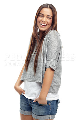 Buy stock photo Woman, portrait and student for streetwear in studio, casual style and confidence on white background. Female person, smile and fashion for satisfaction, cool and aesthetic for clothes or outfit