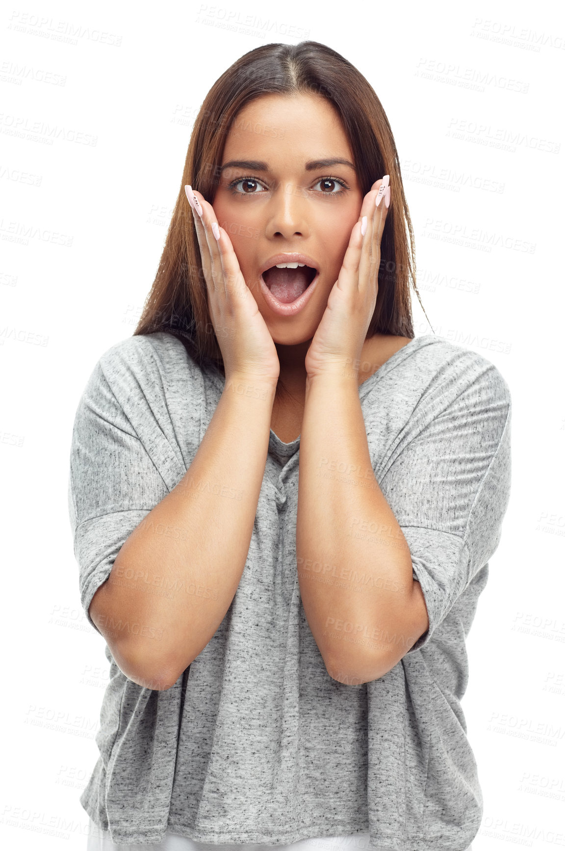 Buy stock photo Surprised, woman and portrait in studio with wow for announcement, gossip or discount deal with wtf expression. Person, face and shocked with good news, winner and sale offer on white background