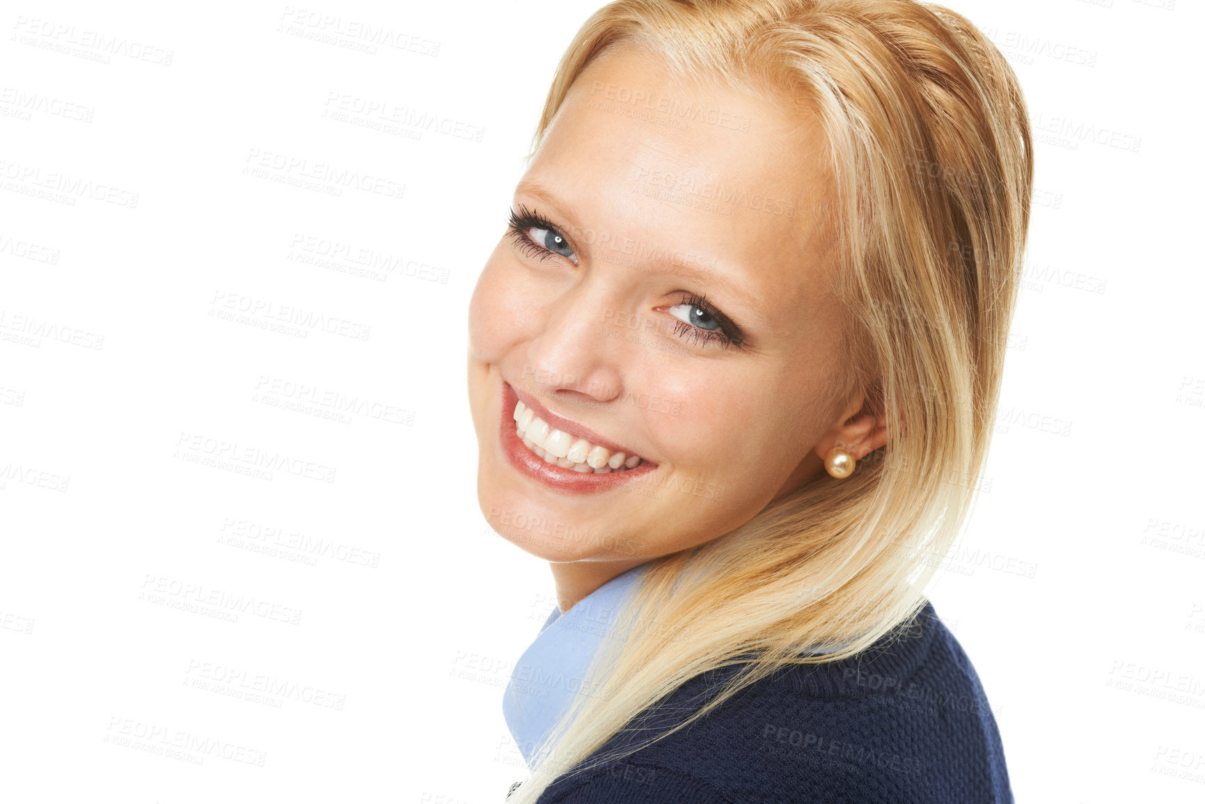 Buy stock photo Happy woman, closeup and portrait isolated on white background with confidence, smile and skin care. Female person, model and even tone in studio for beauty, cosmetics and makeup on mockup space