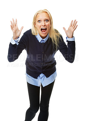 Buy stock photo Wow, surprise and portrait of screaming woman in studio with announcement, deal or promo on white background. Face, shouting or female model with open mouth emoji gesture for competition prize winner