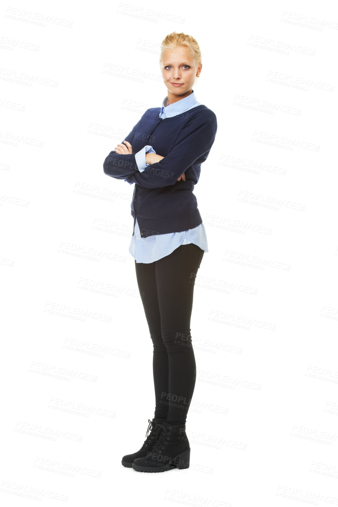 Buy stock photo Fashion, portrait and woman with arms crossed in studio isolated on a white background mockup space. Model, blonde student and person with confidence in casual clothes for style in Sweden on backdrop