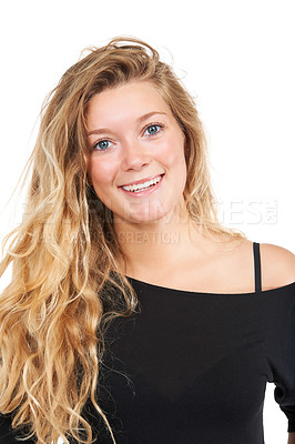 Buy stock photo Studio, portrait and happy student with fashion or trendy style, shine and gen z aesthetic by white background. German woman, casual and long hair with positive face and funky top or cool clothes 