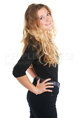 Buy stock photo Portrait, smile and teenager with fashion, elegant and model isolated on white studio background. Face, person or girl with mockup space or stylish clothes with trendy outfit or proud with confidence