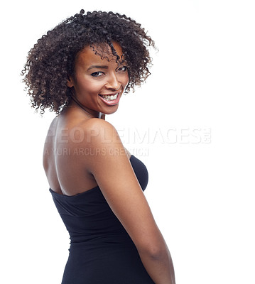 Buy stock photo Portrait, black woman with smile and beauty for hair, texture and natural curls with cosmetics on white background. Cosmetology, makeup and haircare for growth, relax with confidence and happy
