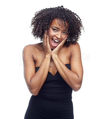 Buy stock photo Surprise, wow and hands on face of woman in studio with shocking news, announcement or info on white background. Omg, portrait or African model with mind blown emoji, reaction or gesture for giveaway