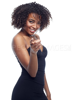 Buy stock photo Portrait, space and woman with hand pointing at you in studio for choice, selection or vote on white background. Face, decision and African female model with finger emoji for accountability or next