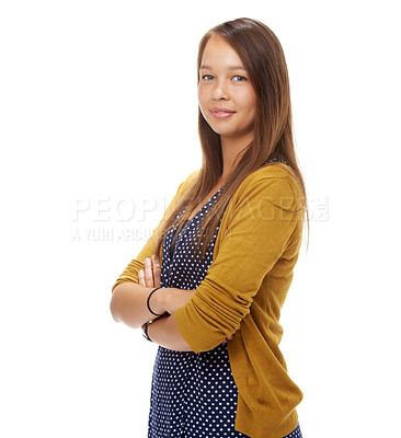Buy stock photo Studio, portrait and confident student with arms crossed, trendy and commitment to education by white background. English woman, pride and positive face in style and ready to study in casual fashion