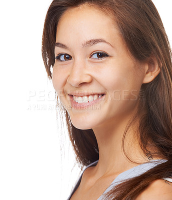 Buy stock photo Face, Asian woman and smile in studio with skincare in white background for teen, wellness and natural glow. Female person, happy and satisfied for results with healthy and smooth look for self care.
