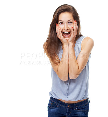 Buy stock photo Portrait, surprise and excited with woman, celebration and announcement isolated on white studio background. Emoji, person or model with expression or girl with victory or winner with reaction or wow