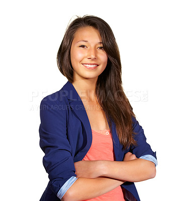 Buy stock photo Portrait, smile and woman with arms crossed in studio isolated on a white background. Confidence, face and happy person in casual clothes for fashion, style or trendy outfit on a backdrop in Italy