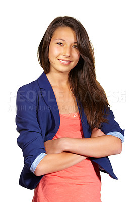 Buy stock photo Portrait, fashion and happy woman with arms crossed in studio isolated on a white background. Confidence, face and smile of young person in casual clothes or trendy outfit on a backdrop in Italy