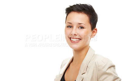 Buy stock photo Portrait, smile and business woman in studio for job, career and mockup space isolated on a white background. Face, professional and happy entrepreneur, employee or young consultant working in Spain