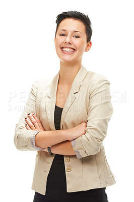 Buy stock photo Portrait, smile and business woman with arms crossed in studio for job and career isolated on a white background. Face, confidence and happy entrepreneur, employee and consultant working in Spain