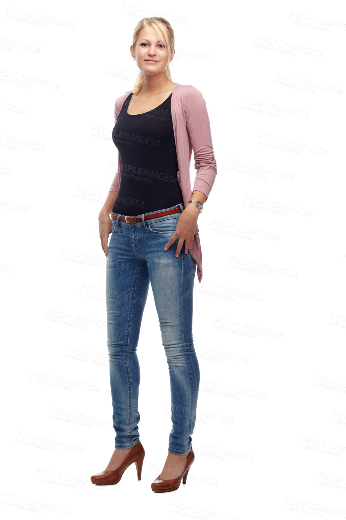 Buy stock photo Fashion, woman and casual with confidence in studio on white background, clothes and trendy outfit with heels. Female person, smile and satisfied with style, jeans and stylish with positivity.