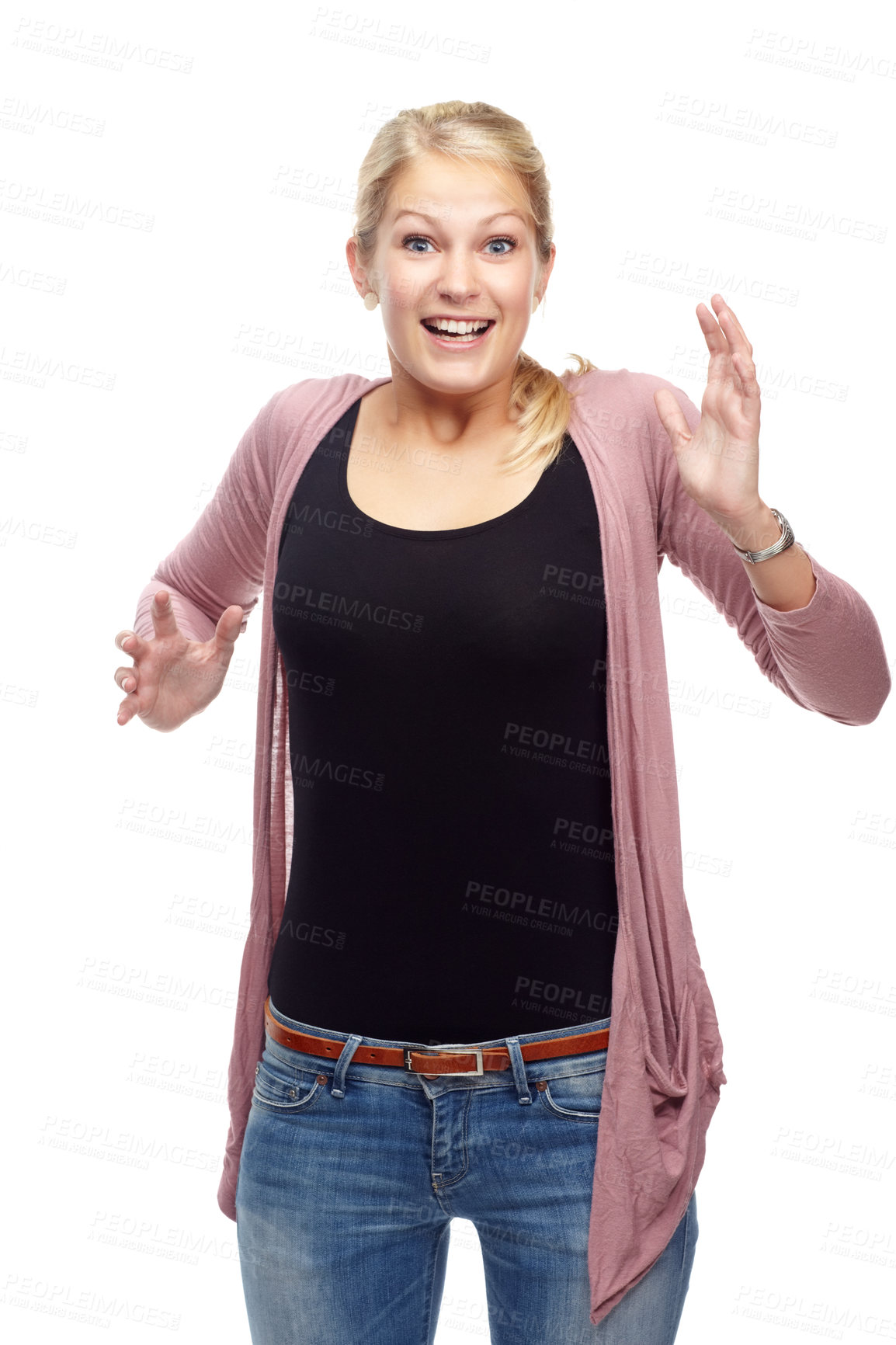 Buy stock photo Woman, portrait and surprise for win in studio, promotion and announcement on white background. Happy female person, shock and good news or lottery success, information and sale or discount and deal