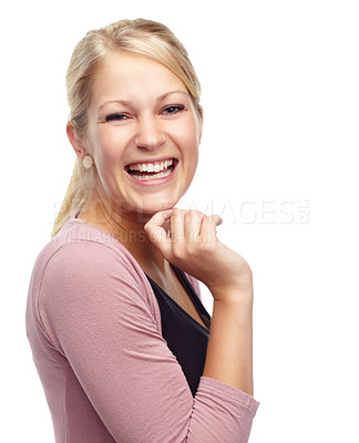 Buy stock photo Woman, portrait and laughing for comic in studio, funny joke and satisfaction on white background. Happy female person, comedy and smile on mockup space, positive attitude and enjoyment on face