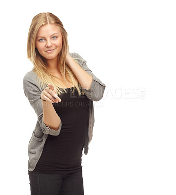 Buy stock photo Studio, portrait and woman with pointing for selection, choice and decision of prize by white background. German student, face and hand gesture for promotion on education offer and win a scholarship