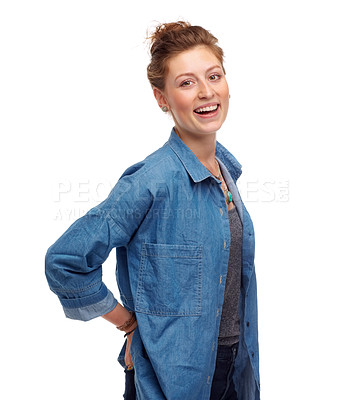 Buy stock photo Woman, portrait and laughing for joke in studio, funny humor and confidence on white background. Happy female person, comedy and smile on mockup space, goofy comic and positive for enjoyment on face
