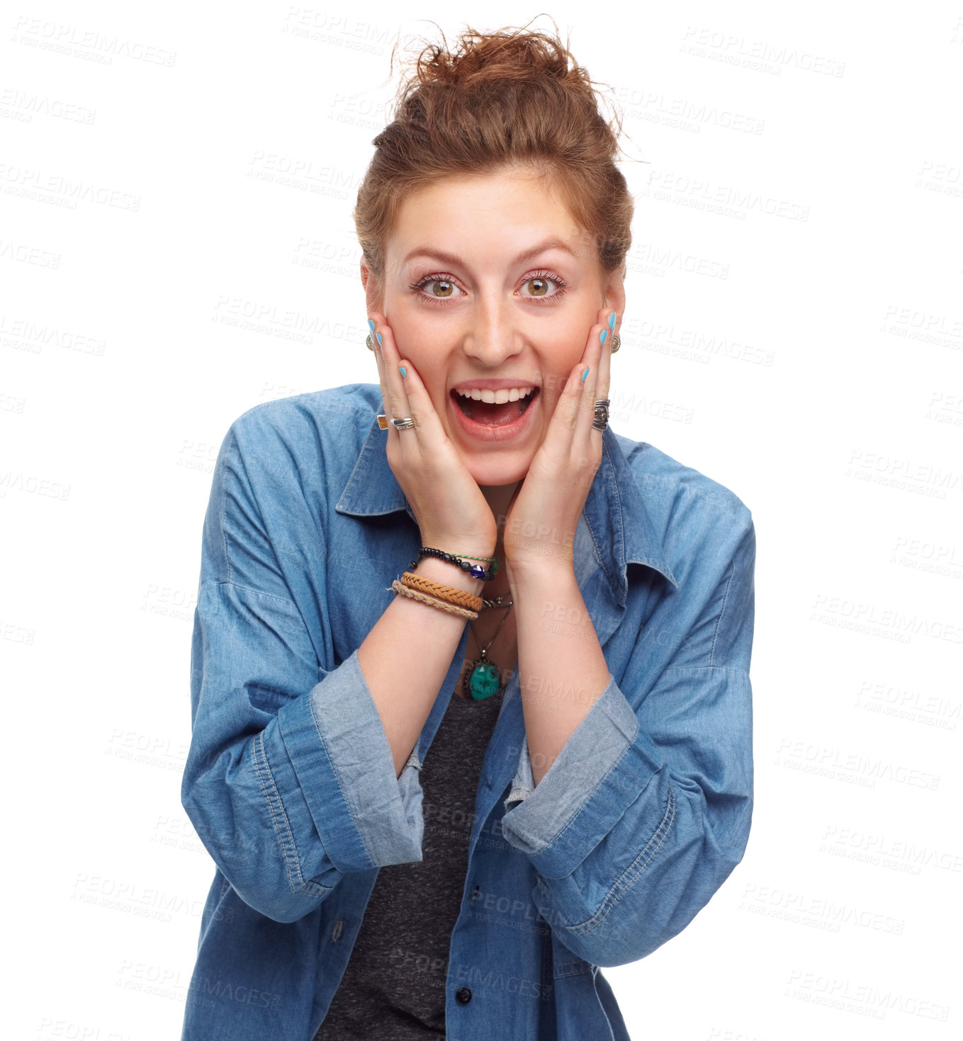 Buy stock photo Portrait, surprise and excited with woman, shocked and expression isolated on a white studio background. Face, person and model with wow or girl with victory and winner with celebration and reaction