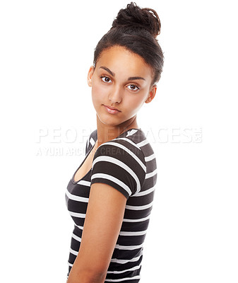 Buy stock photo Studio, portrait and positive student with fashion or trendy style, shine and gen z aesthetic by white background. Egyptian woman, face and casual teenager in top or funky clothes and cool hairstyle