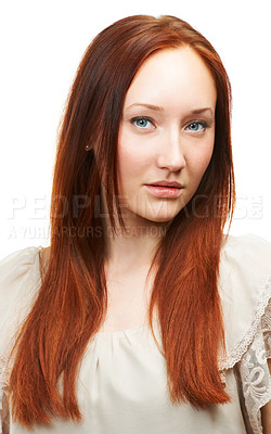 Buy stock photo Hair care, ginger or portrait of natural woman with beauty in white background for a shine. Face, redhead model and person in studio with healthy glow, texture or hairstyle results for confidence