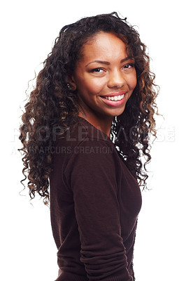Buy stock photo African teen, happy girl and portrait with confidence in studio with casual fashion and beauty. White background, young face and female person with teenager and gen z style with pride and smile