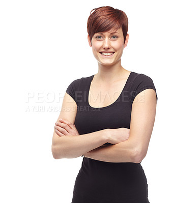 Buy stock photo Portrait, arms crossed and smile of woman in studio for fashion in outfit isolated on white background mockup. Face, confidence or happy model, student or ginger girl in casual clothes in Switzerland