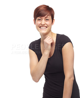 Buy stock photo Portrait, funny and smile with woman, confidence and person isolated on a white studio background. Face, model and girl with humor and happiness with beauty and excitement with joy and cheerful