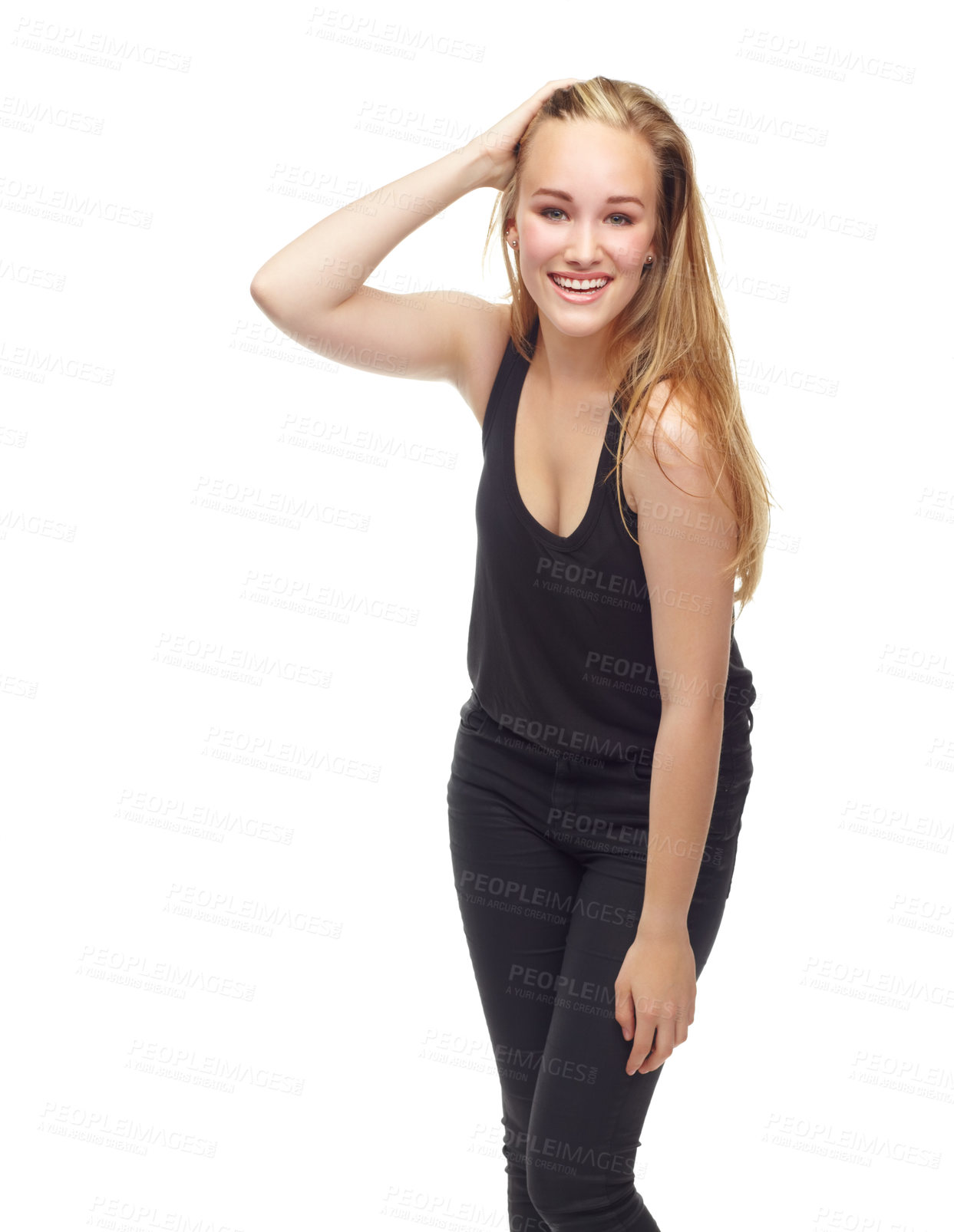 Buy stock photo Woman, portrait and smile for fashion in studio, casual style and confident on white background. Happy female person, outfit and aesthetic on mockup space, student and full body for designer clothes