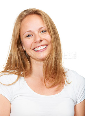 Buy stock photo Hair, portrait and happy woman in studio with shampoo, results or beauty and color on white background. Blonde, haircare or face of female model with growth, texture and dye satisfaction or treatment
