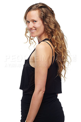 Buy stock photo Mature woman, portrait and pride in studio, casual aesthetic and confidence on white background. Happy female person, curly hair and fashion for satisfaction, positive and lady for trendy clothes