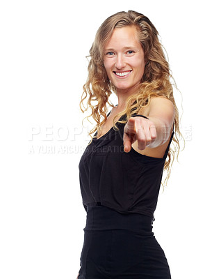 Buy stock photo Portrait, smile and woman with hand pointing at you in studio for news, deal or info on white background. Face, happy or female model show prize, vote or competition giveaway, promotion or invitation
