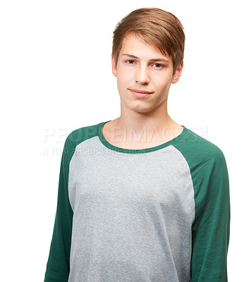 Buy stock photo Boy, portrait and smile in studio with casual outfit for school, teenager and happy student. Person, isolated and white background with relaxed fashion for youth or preteen and confident adolescent.