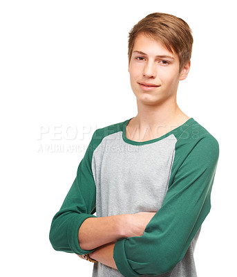 Buy stock photo A handsome young teenager standing confidently in a studio
