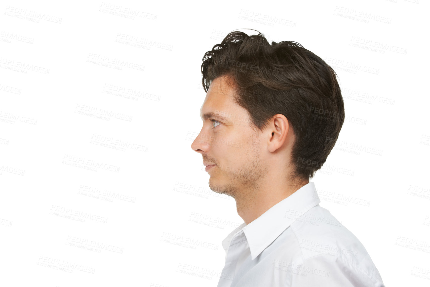 Buy stock photo Man, side view and mockup space in studio for news, announcement and information. Business, formal and looking at professional idea, thoughtful or contemplative businessman on white background