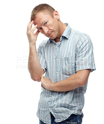 Buy stock photo Portrait, stressed and male model and worried, upset and thinking on isolated white background. Bad news, mental health or migraine for crisis, issue or problem for middle aged fashionable man 