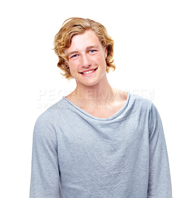 Buy stock photo Fashion, happy and portrait of man on a white background with confidence, attractive and pride in studio. Happy, confident and face of isolated handsome young male person with trendy casual clothes