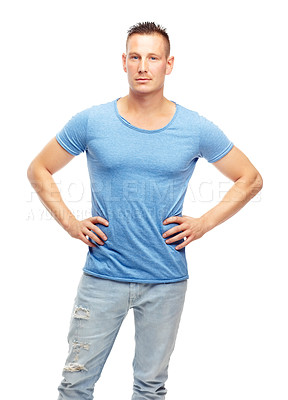 Buy stock photo Portrait, man and confidence for fashion, clothing and trendy style on studio background with assertiveness, casual outfit and proud. Male person, model and face in contemporary look, pride and edgy

