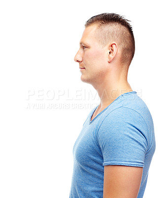 Buy stock photo Mockup space, face and profile of man in studio with confidence or stylish with pride. Model person, fashion and trendy in outfit isolated with casual, cool and style or clothes on white background