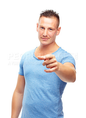 Buy stock photo Portrait, man and pointing for choice, decision and motivation in studio of white background. Face, confidence and male model with hand gesture for recruitment advertising or vote on mockup space.